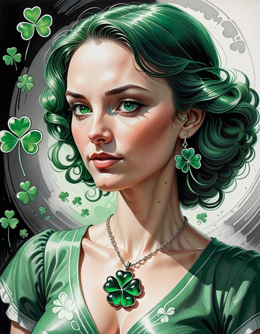 Emerald Clover Leaf Necklace in Comic Book Art Style