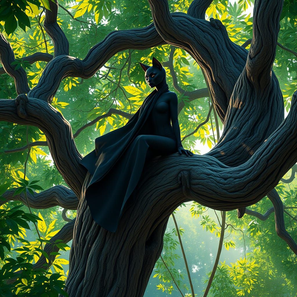 Catwoman in Ancient Tree, Emerald Foliage, Golden Light