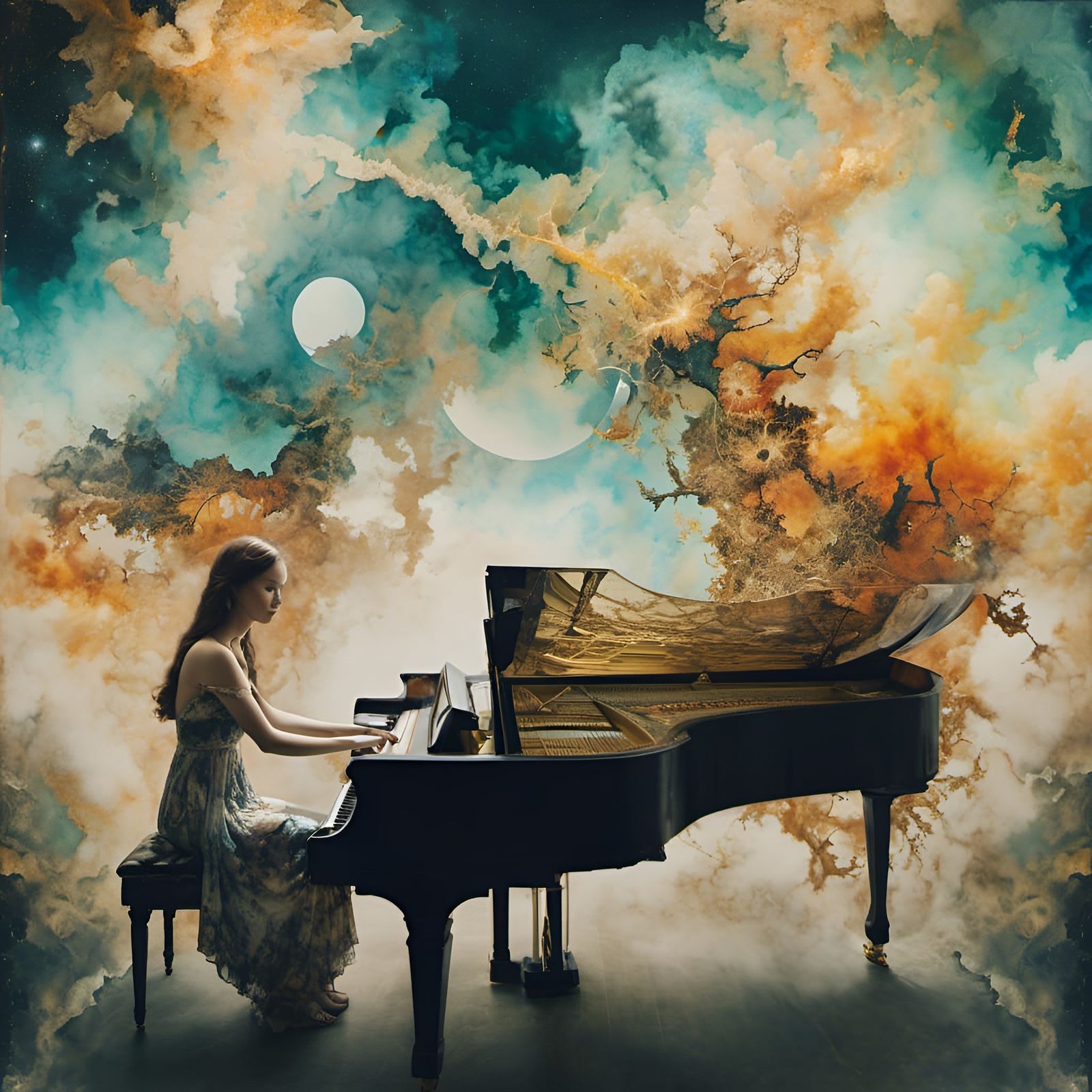 Double Exposure: Woman and Piano in Hyperkraximalism