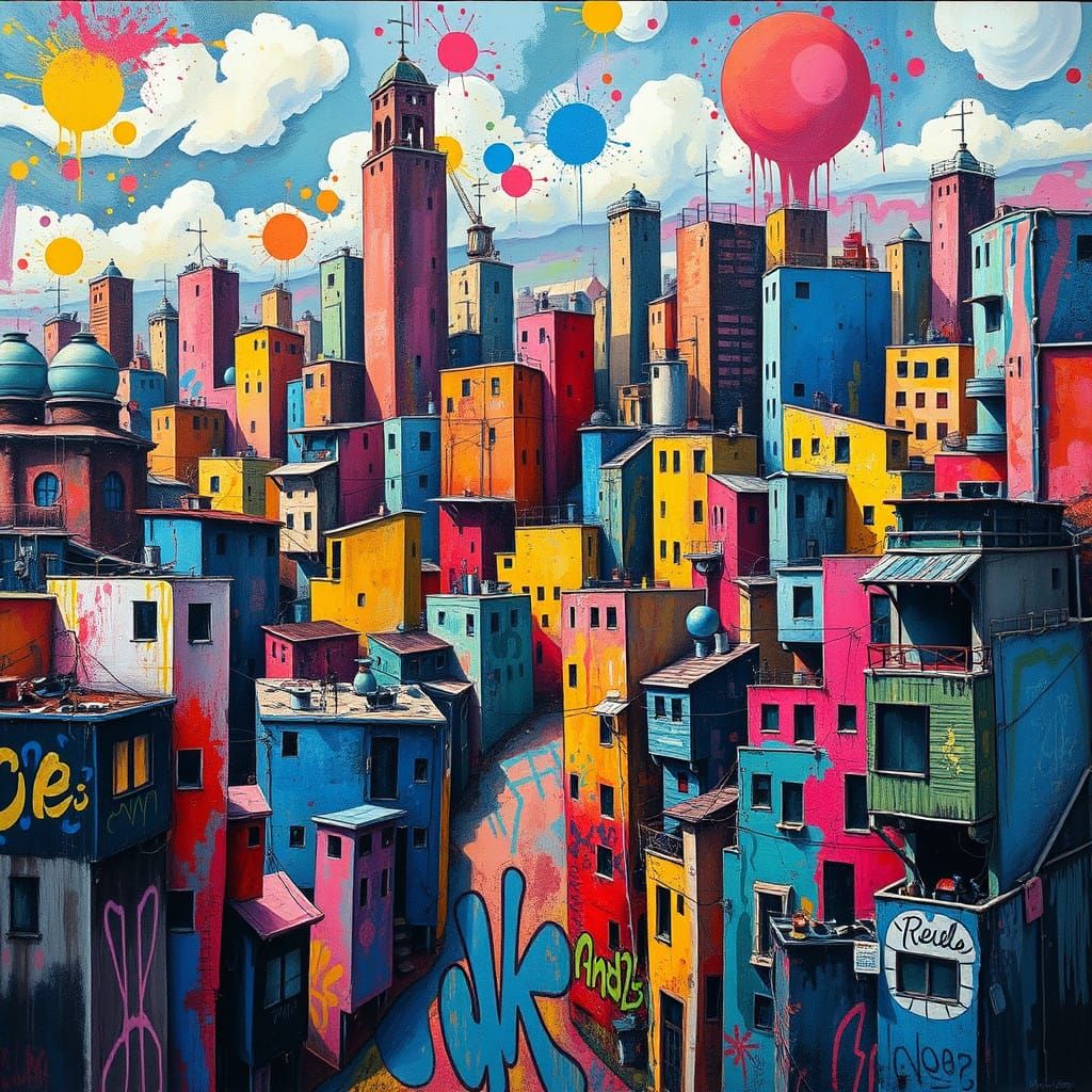 Surreal, Polychromatic Cityscape in Cubist Style, Blending O...