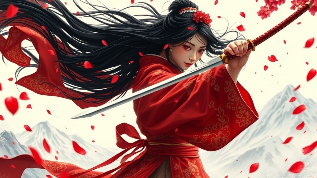 Japanese Warrior Woman in Traditional Kimono Clashes with Op...