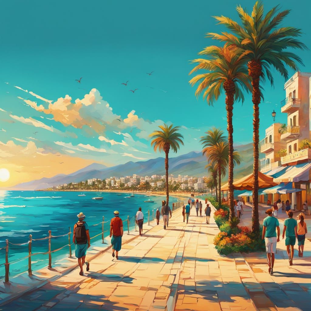 Mediterranean Seafront in North Cyprus, Oil Painting