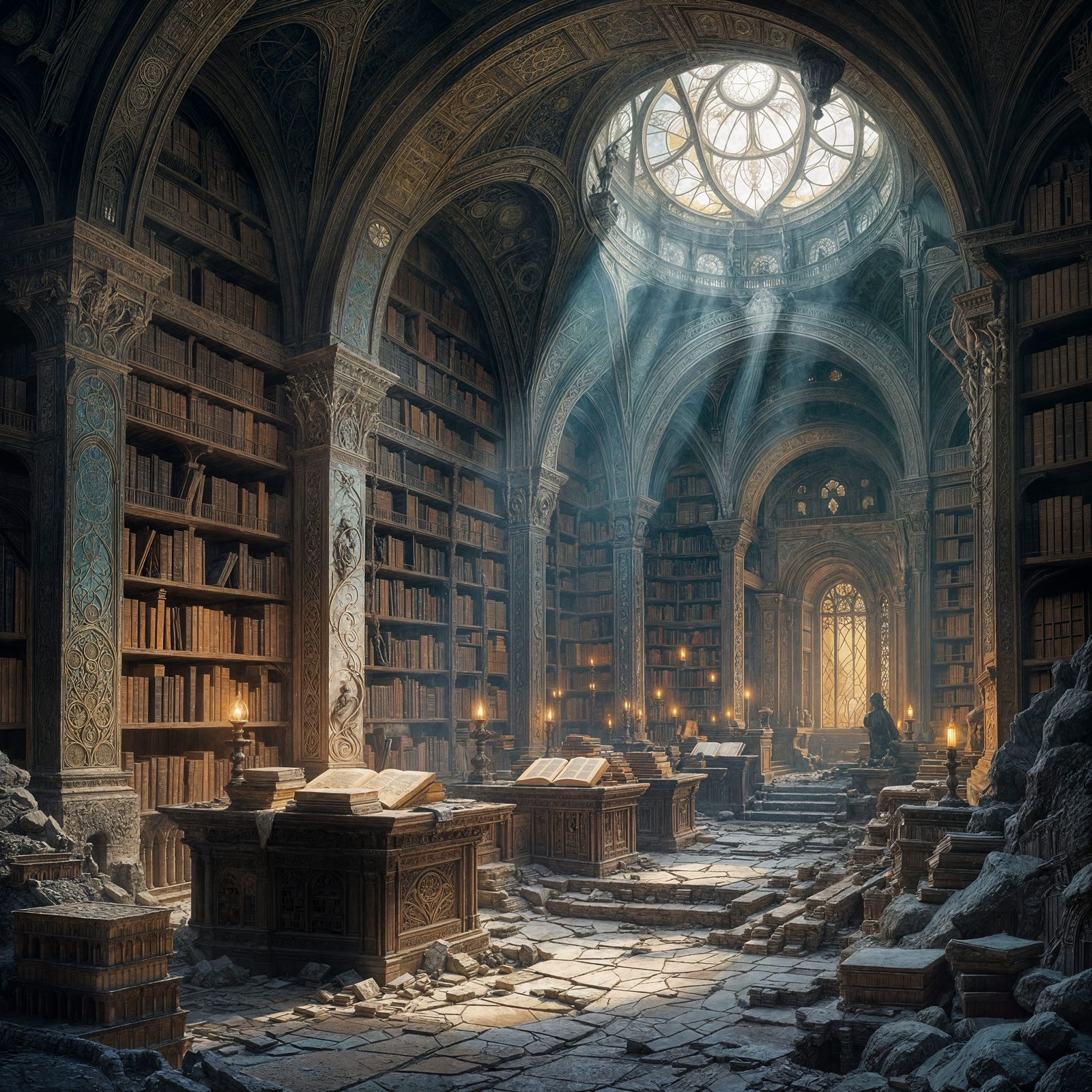 Ancient Library in Ruins with Cosmic Wonder