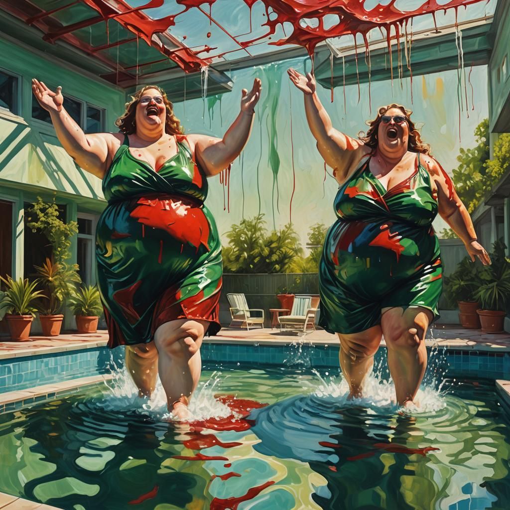 Obese Couple's Triumph: Surreal Oil Painting in Vivid Colors