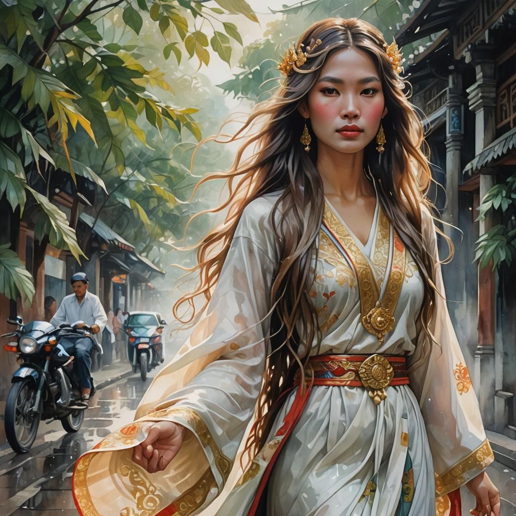 Thai Woman in Misty Street: Watercolor Art Nouveau Portrait