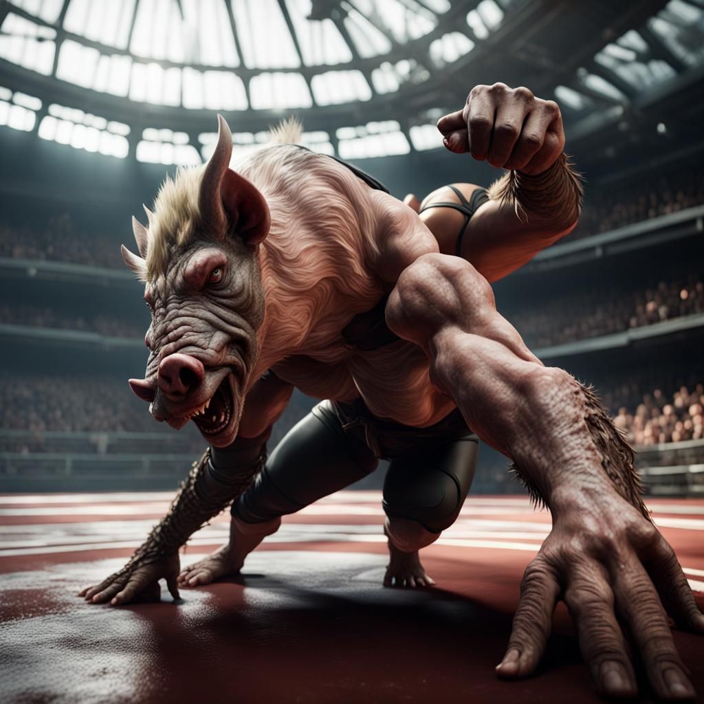 Epic Elf Woman Wrestles Boar in Arena