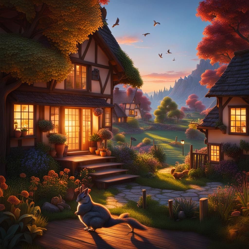 Tranquil Sunset Scene with Cute Wildlife