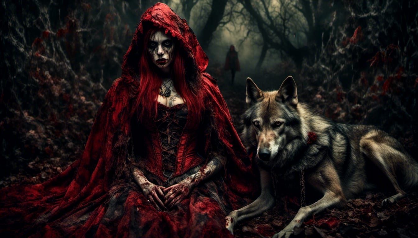 Zombie Little Red Riding Hood with Wolf in Hyperreal Style