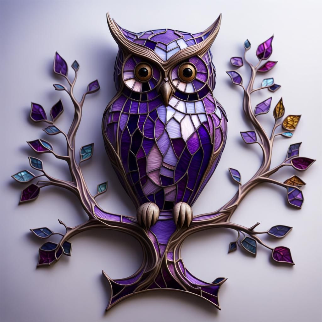 Purple Stained Glass Owl Sculpture in Tree