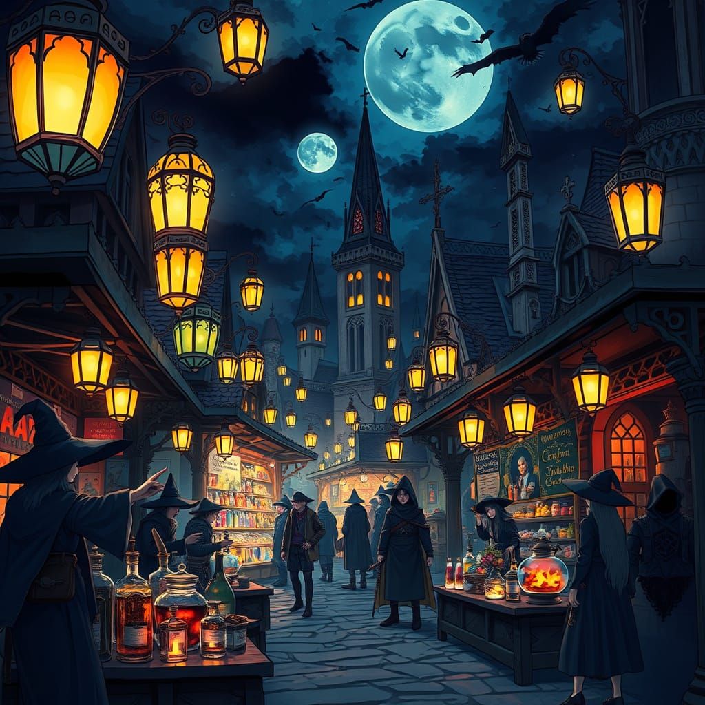 Gothic Market Scene in Vibrant Manga Style