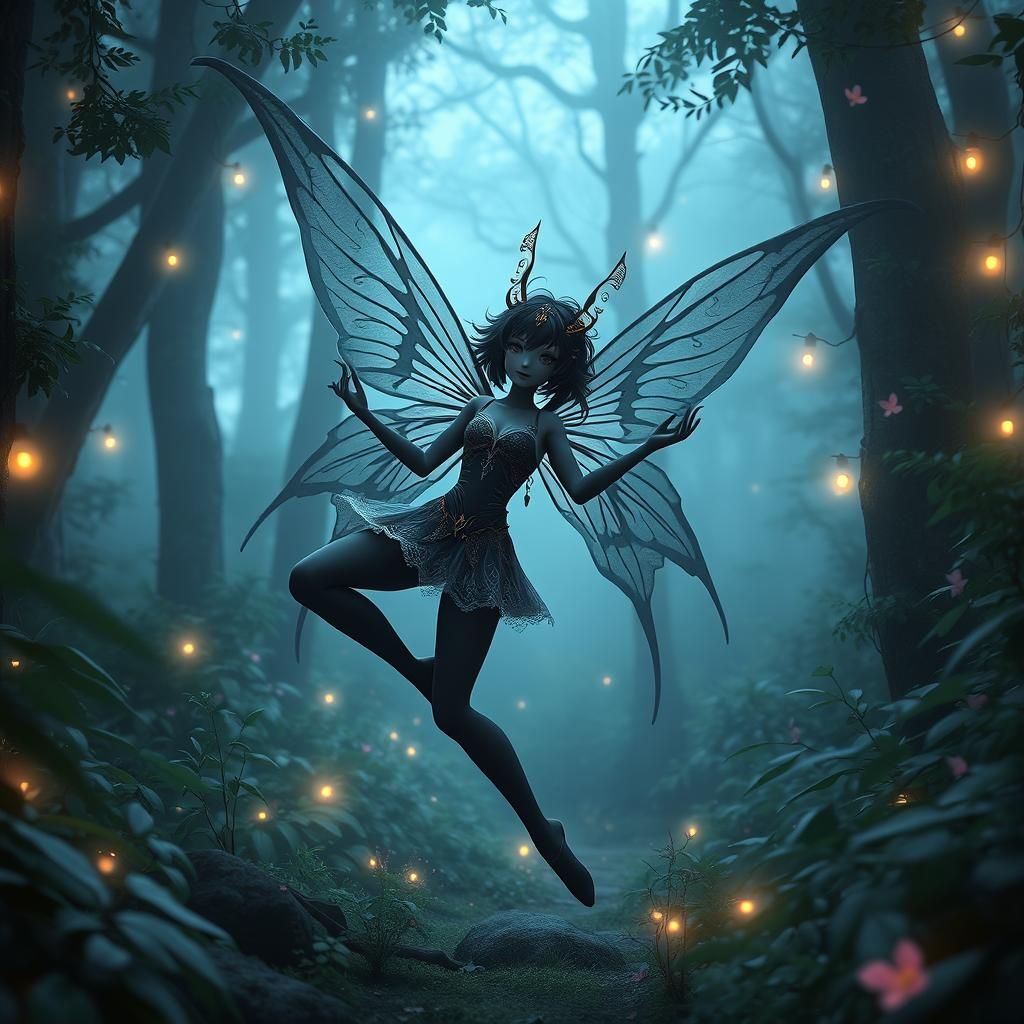 Black Fairy in Misty Forest: 3D Anime Art