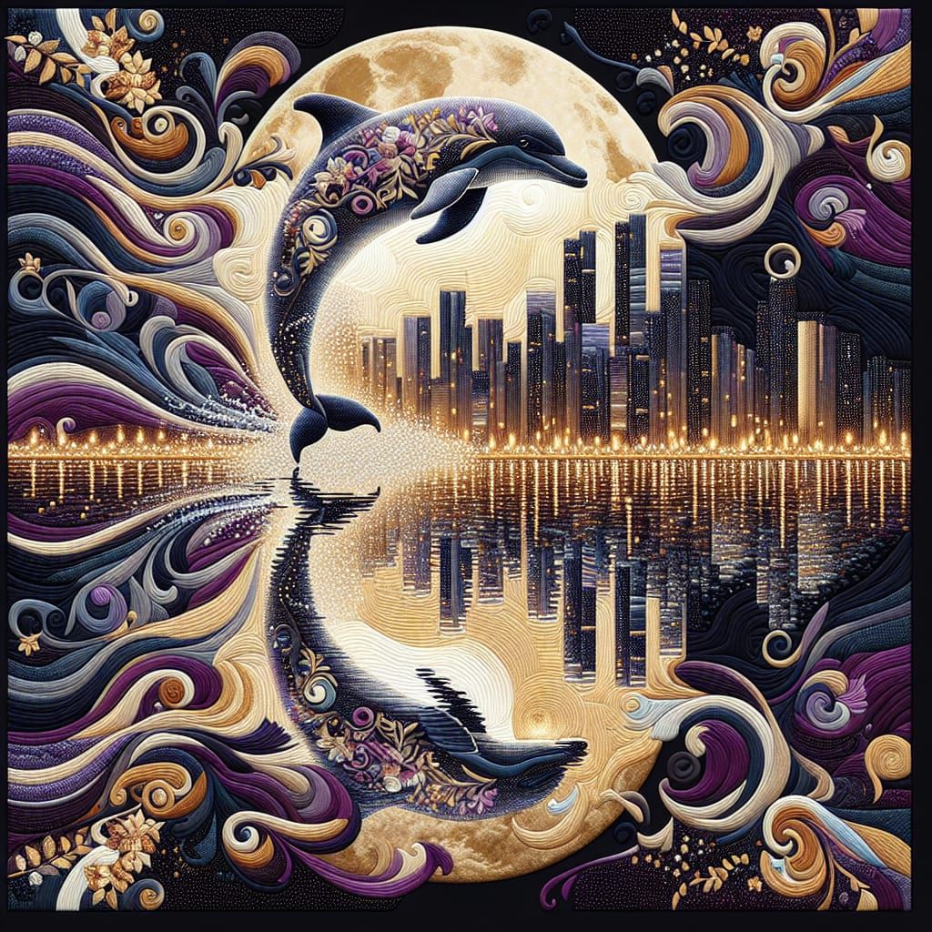 Regal Quilted Textile Art of a Dolphin Leaping Over a Citysc...