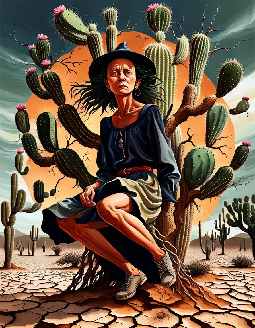 Surreal Flying Cactus in Desert Landscape