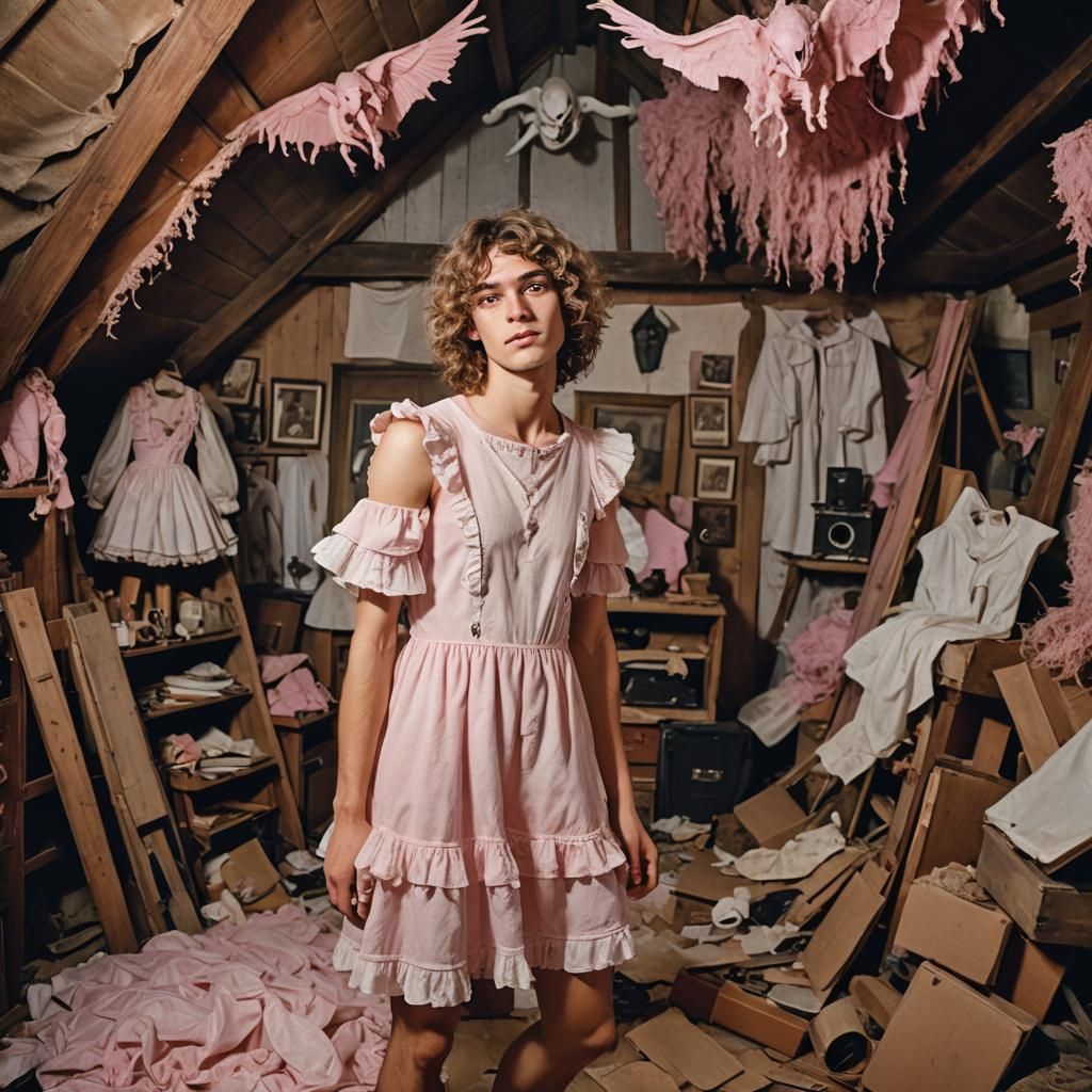 Muscular Teen in Pink Dress: A Cinematic Selfie
