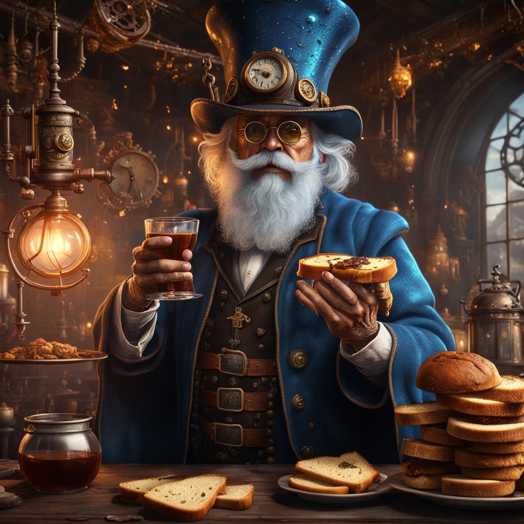 Steampunk Wizard Conjures Toast in Detailed Painting