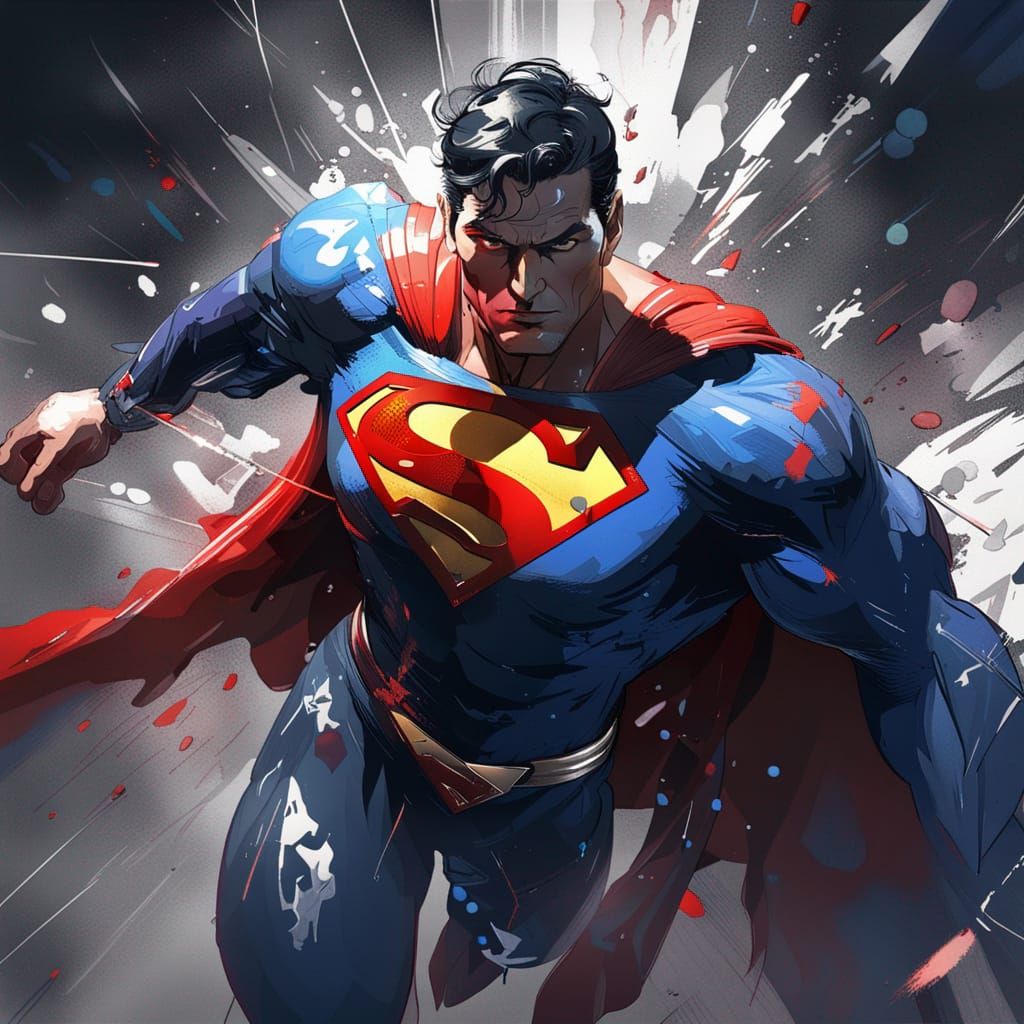 Hyperdetailed Superman Splash Art in Triadic Colors