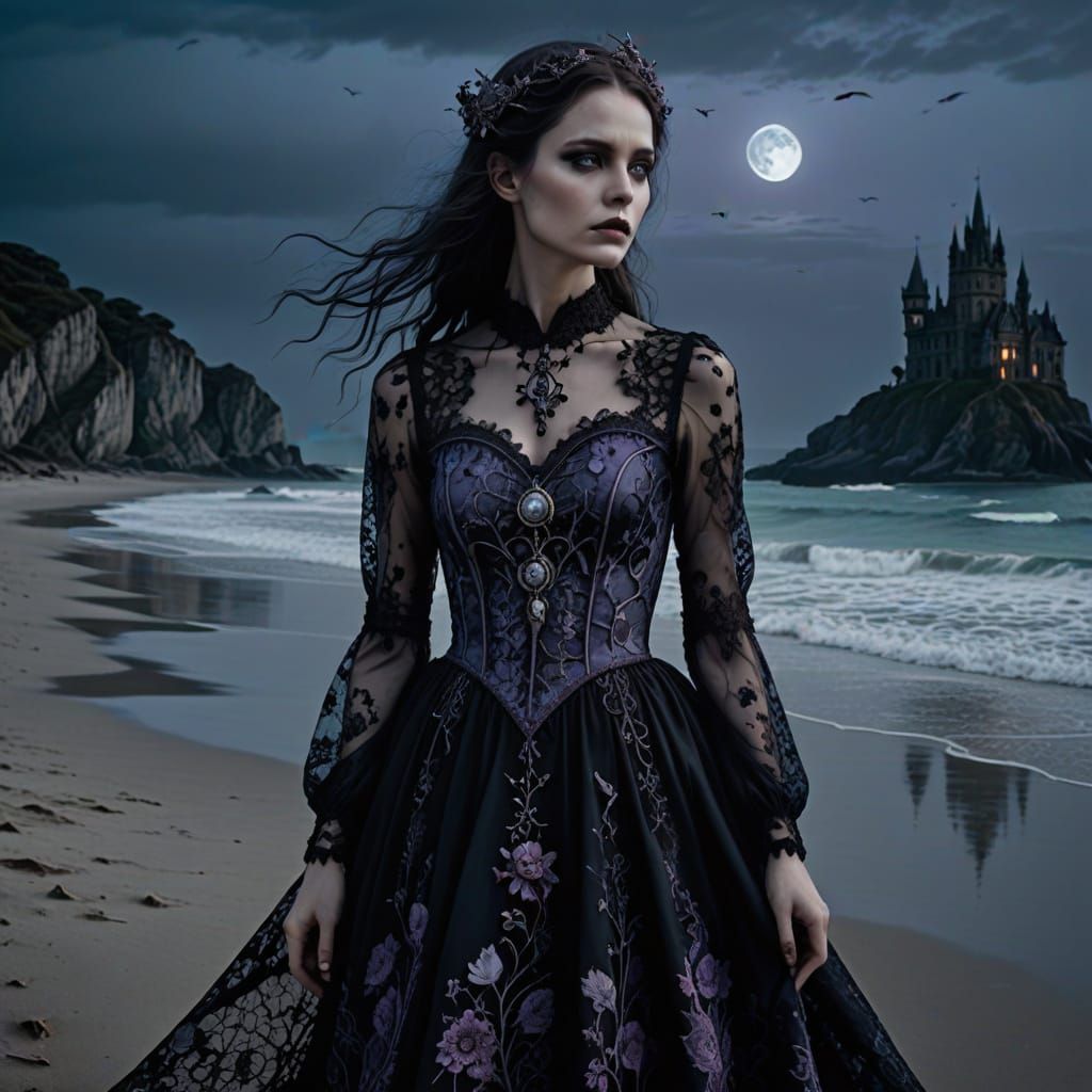 Macabre Moonlit Mystery: Gothic Fashion on the Beach