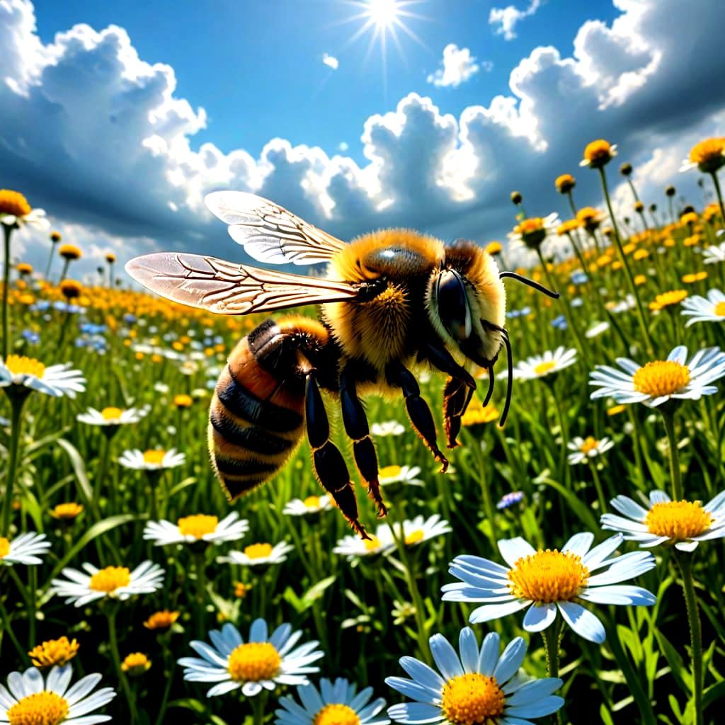 Bee Surrounded by Blooms in Soft Focus Paradise
