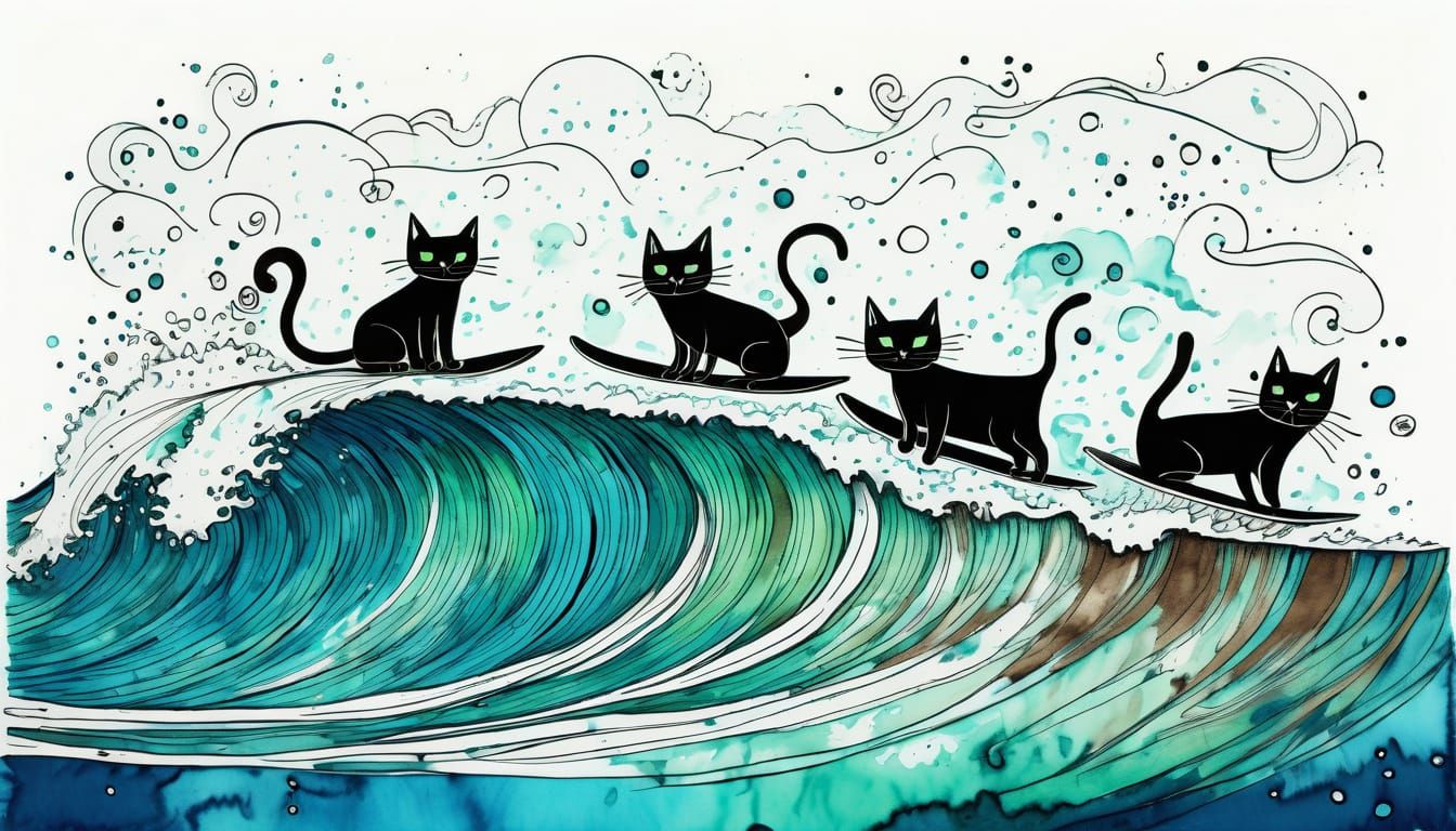 Whimsical Cats Surfing a Big Wave in Vibrant Doodle Style