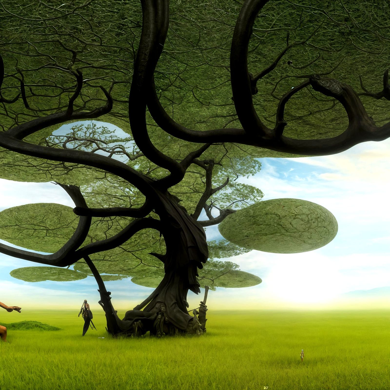 Surreal Cartoon Vehicles in Dreamlike Landscape