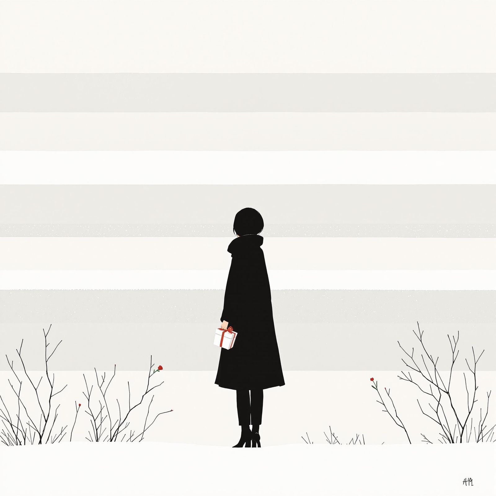 Serene Snowy Scene with Minimalist Teenage Girl