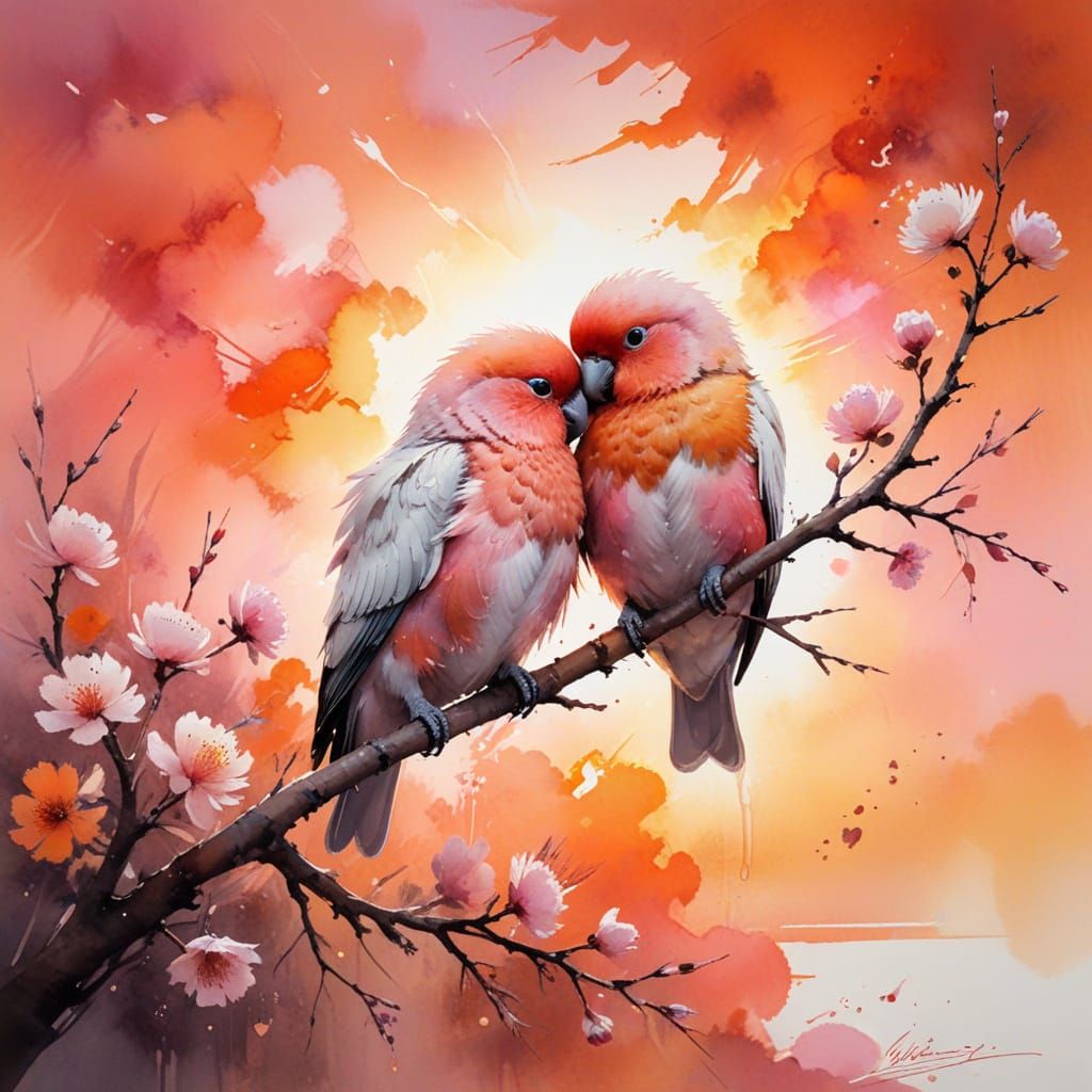 Lovebirds in Watercolor Sunset: Intimate and Heartwarming