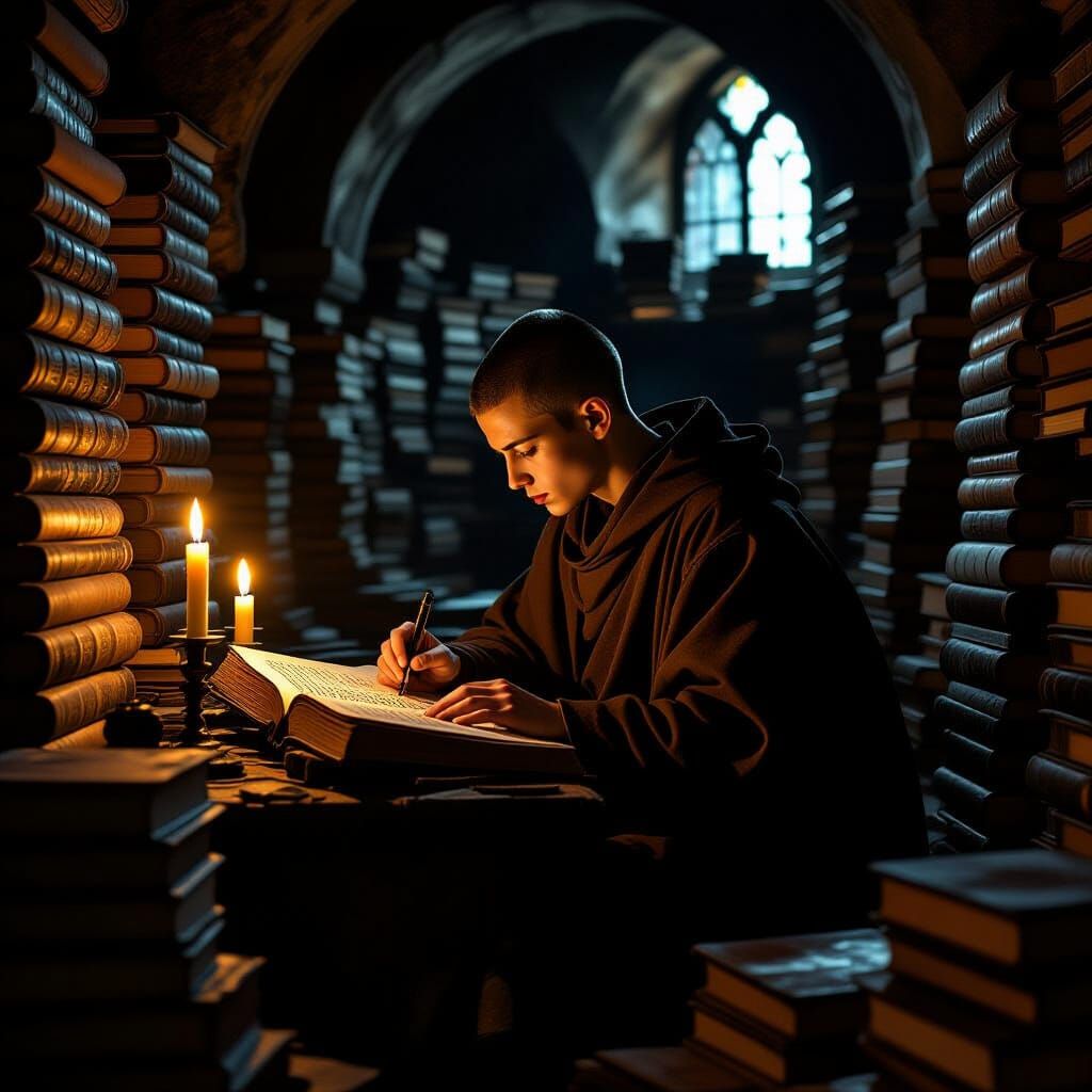 Monk Copying Ancient Texts by Candlelight in Baroque Style