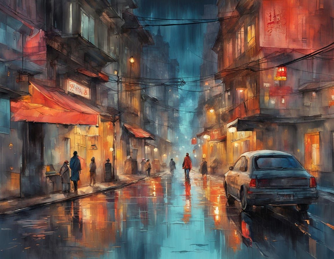 Vibrant Night Scene Watercolor Painting with Intricate Detai...