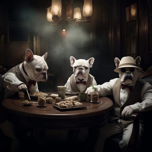 Mafia Frenchies Share a Cigar in Dimly Lit Room