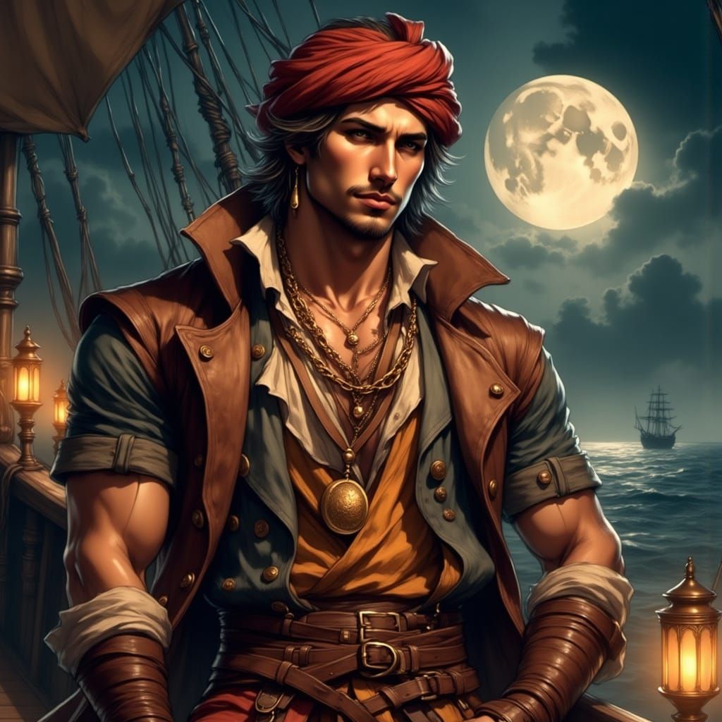 Vibrant Pirate Captain Under Moonlit Sail