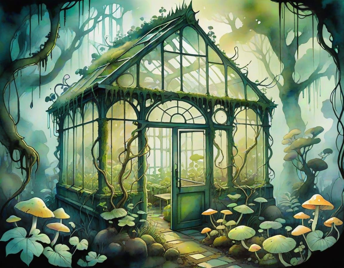 Eerie Greenhouse Overtaken by Glowing Flora