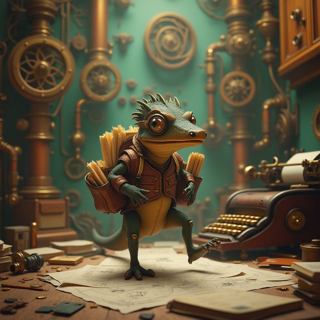 Steampunk Intern Compsognathus in Frenzied Office Bustle as....