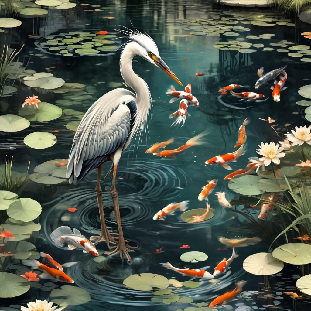 Heron in Koi Pond: Dystopian Fantasy Art