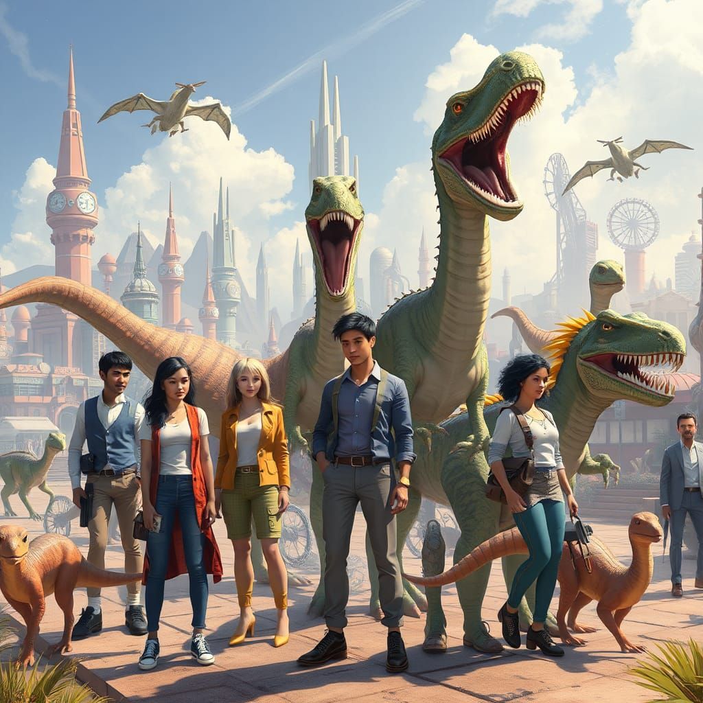 Humans and Dinosaurs in Futuristic Cityscape