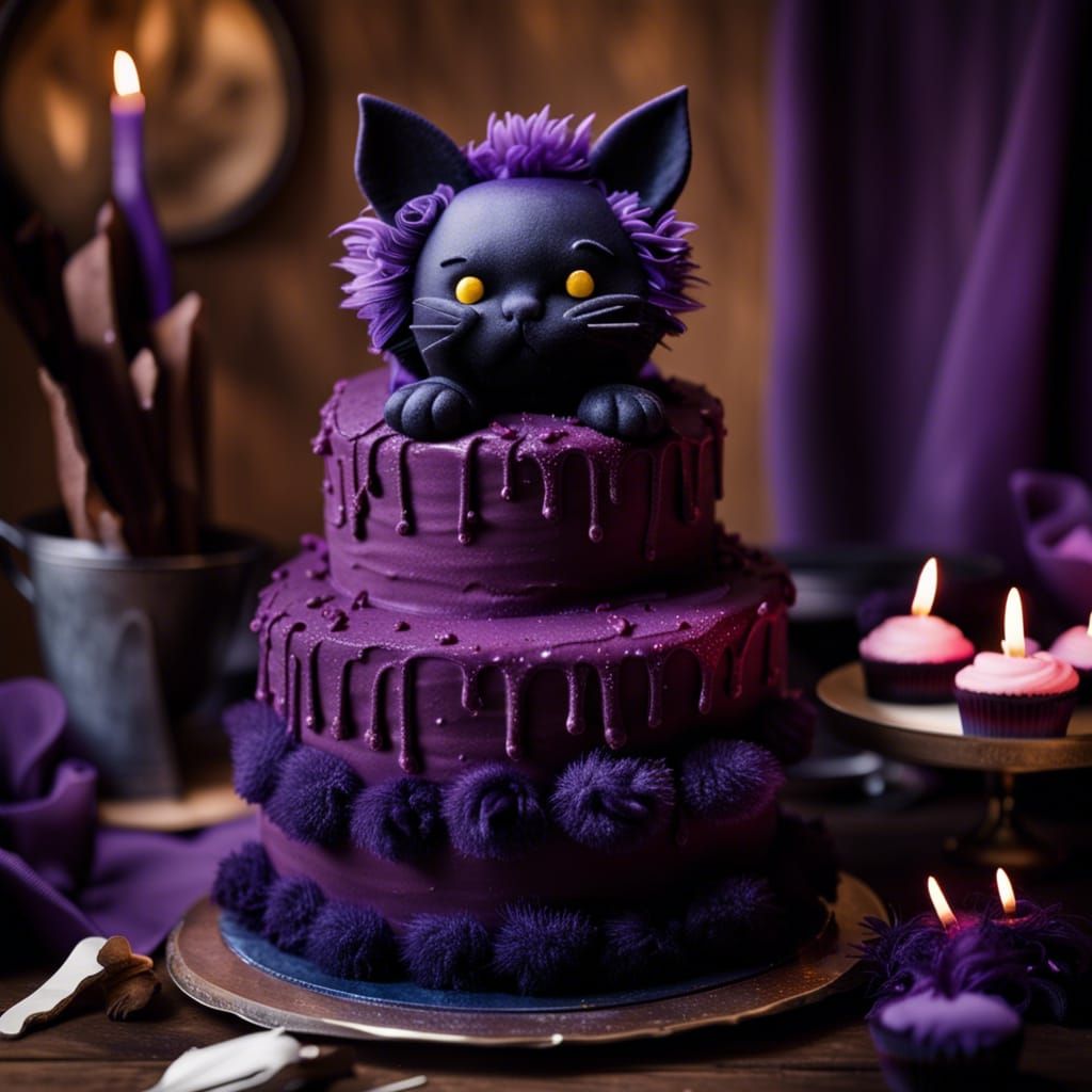Purple Kitten Devil Cake: Whimsical AI Art