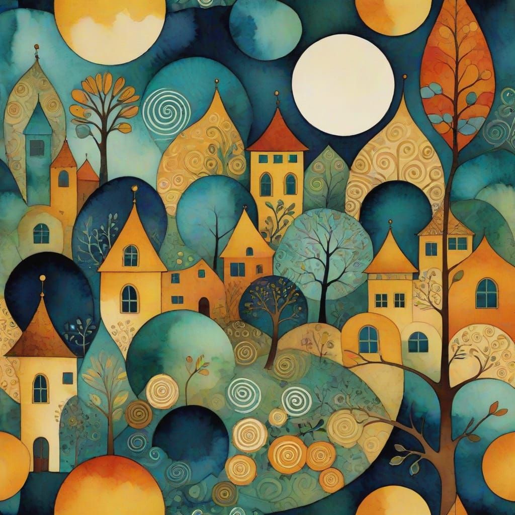 Surreal Art Nouveau Townscape with Folk Art Details