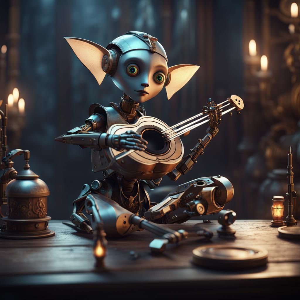 Robot Elf Bards: Dark Fantasy Conceptual Art