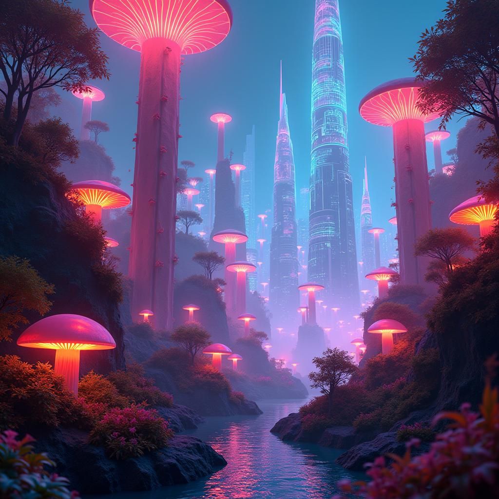 Neon Techno Party in Futuristic Cityscape