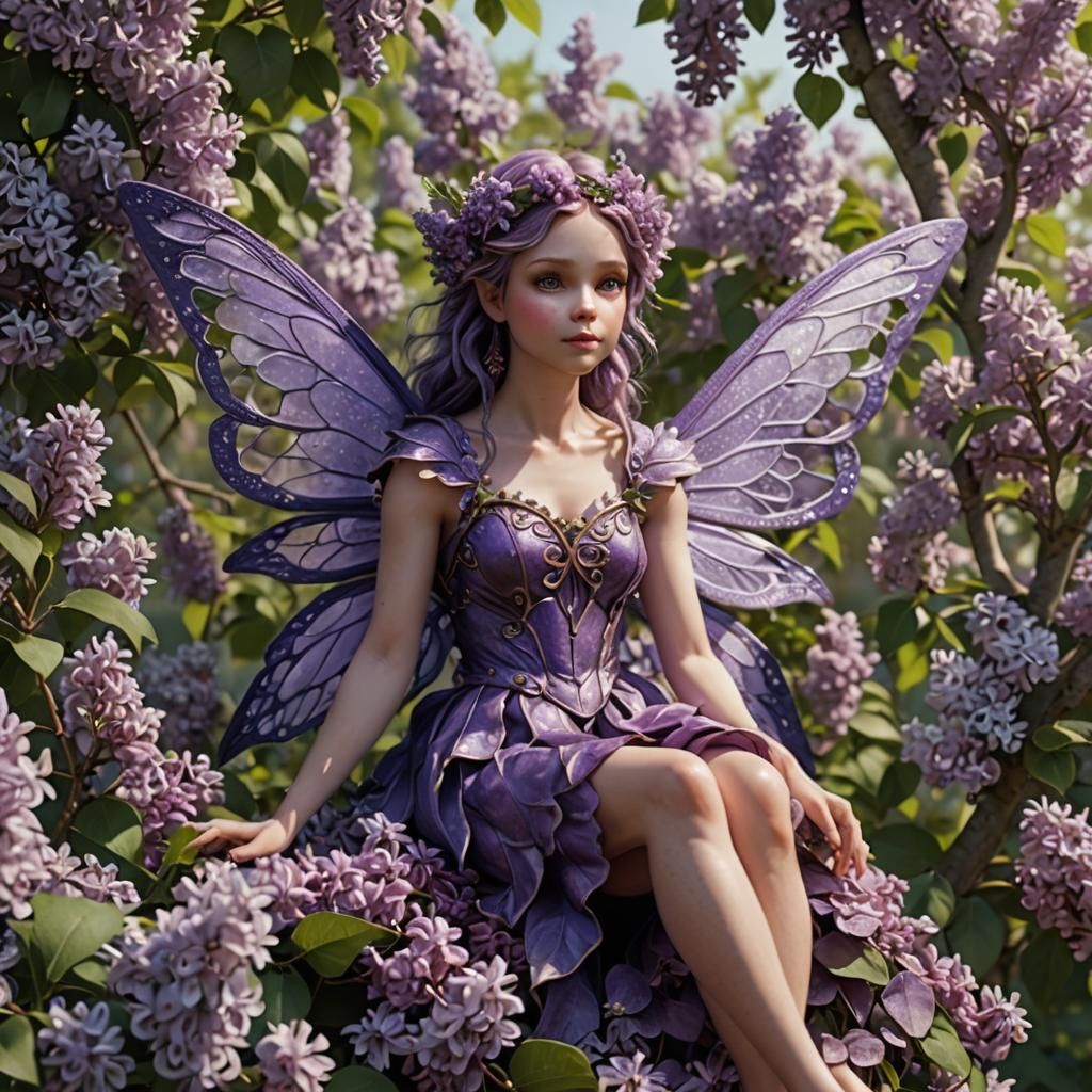Whimsical Purple Fairy on Blooming Lilac Bush