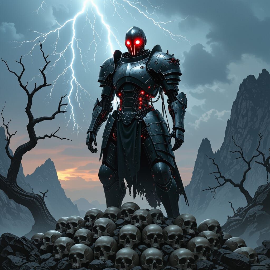 Gothic Cyborg Knight on Mountain of Skulls