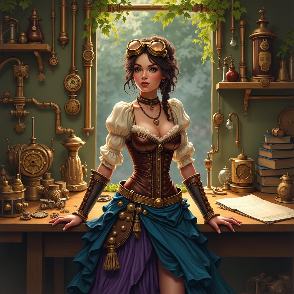 Steampunk Inventor in Workshop with Clockwork Mechanisms