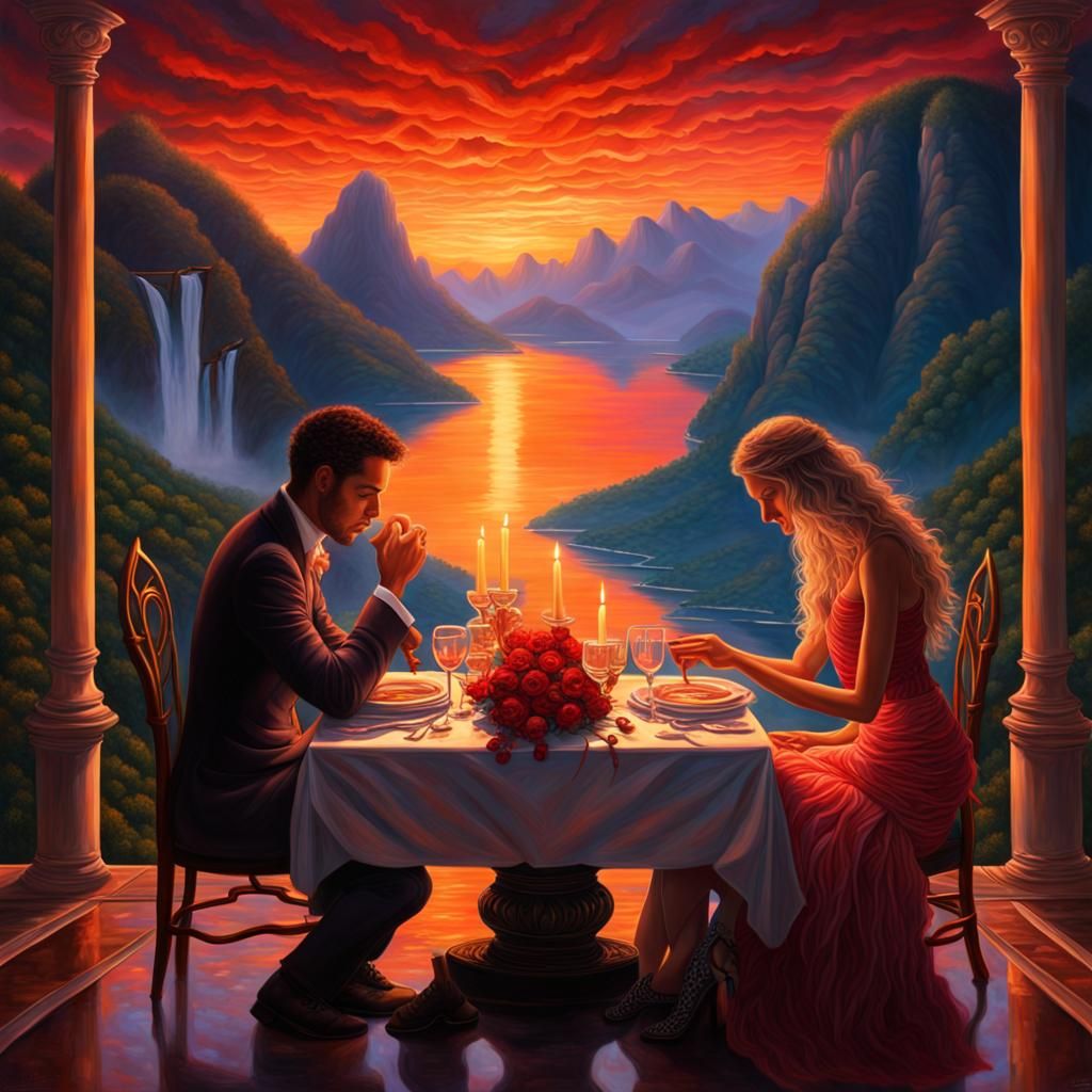 Romantic Dinner at Sunset: Epic Dark Fantasy Painting