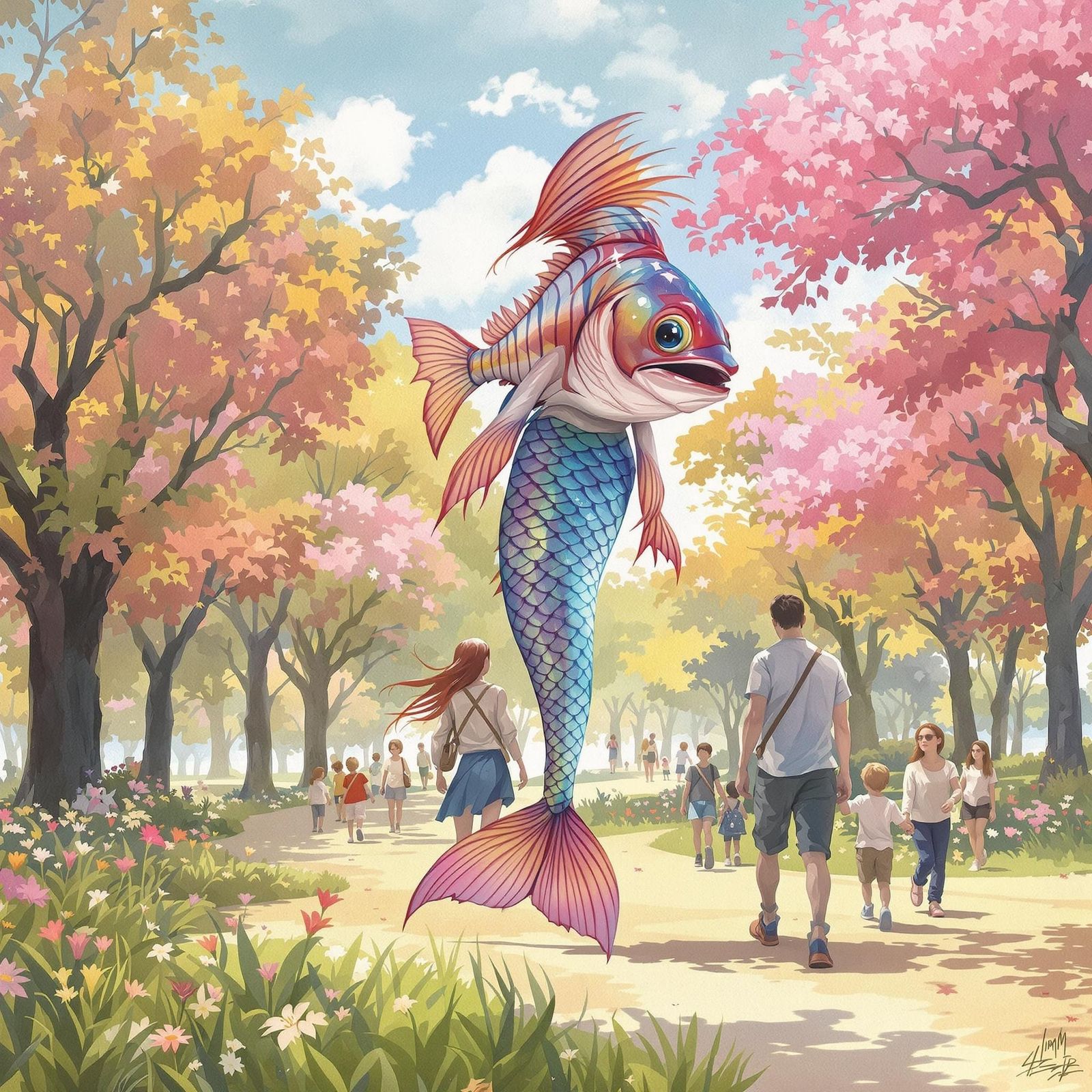 Reverse Mermaid Penny in a Dreamlike Park Scene