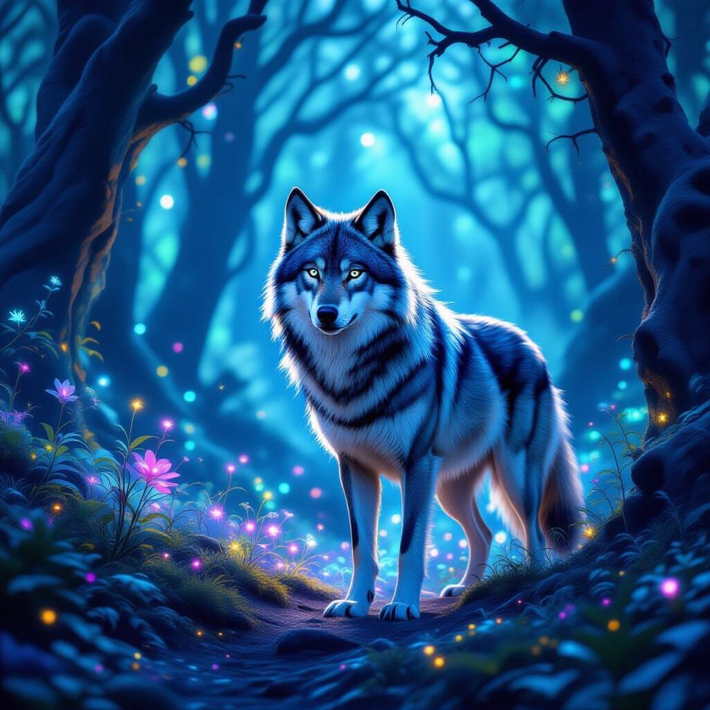 Majestic Wolf Guarding Mystical Glowing Forest