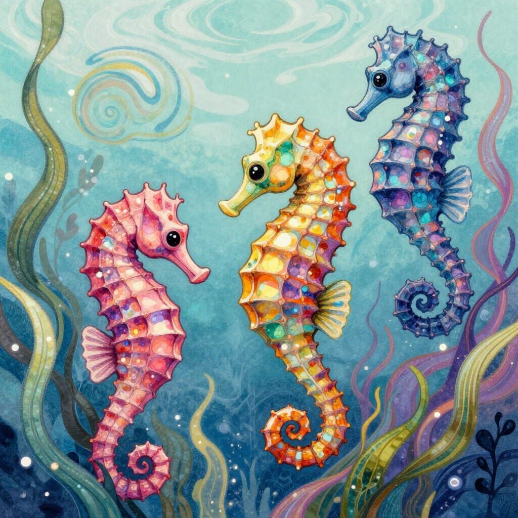 Whimsical Seahorses in Dreamlike Storybook Style