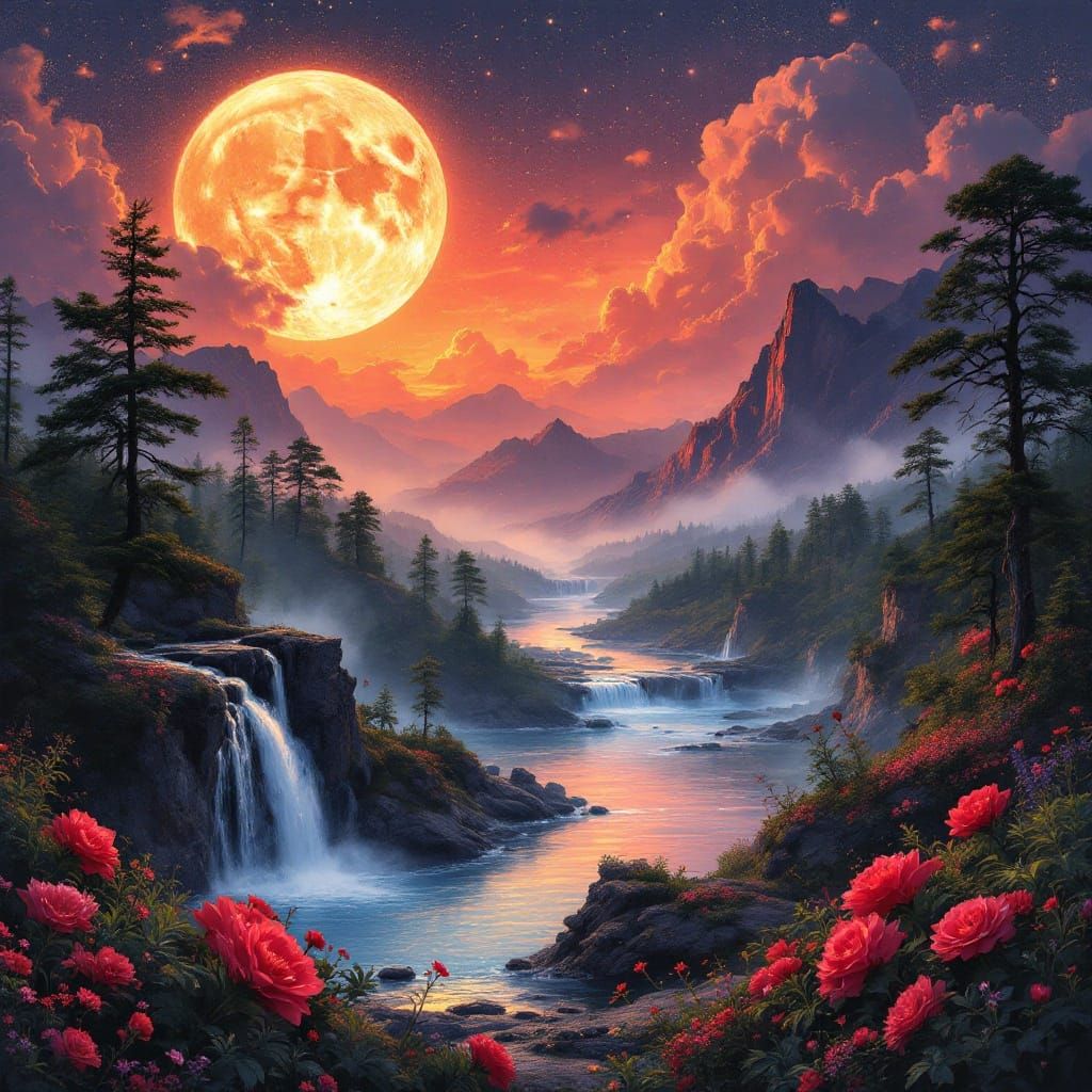 Lush Summerscape with Moon in Watercolor Style