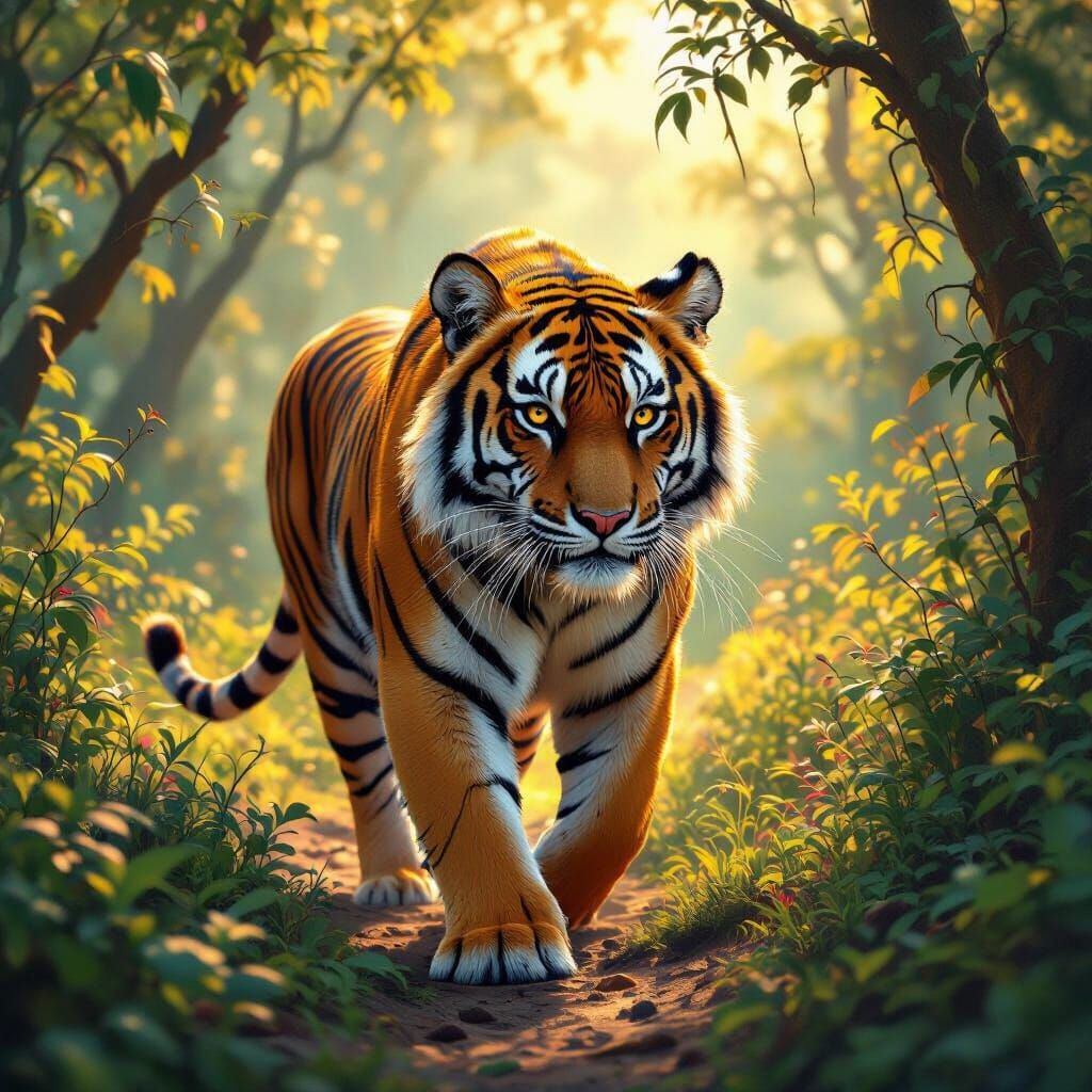 Majestic Tigress in Sun-Dappled Forest, Golden Light Matte P...