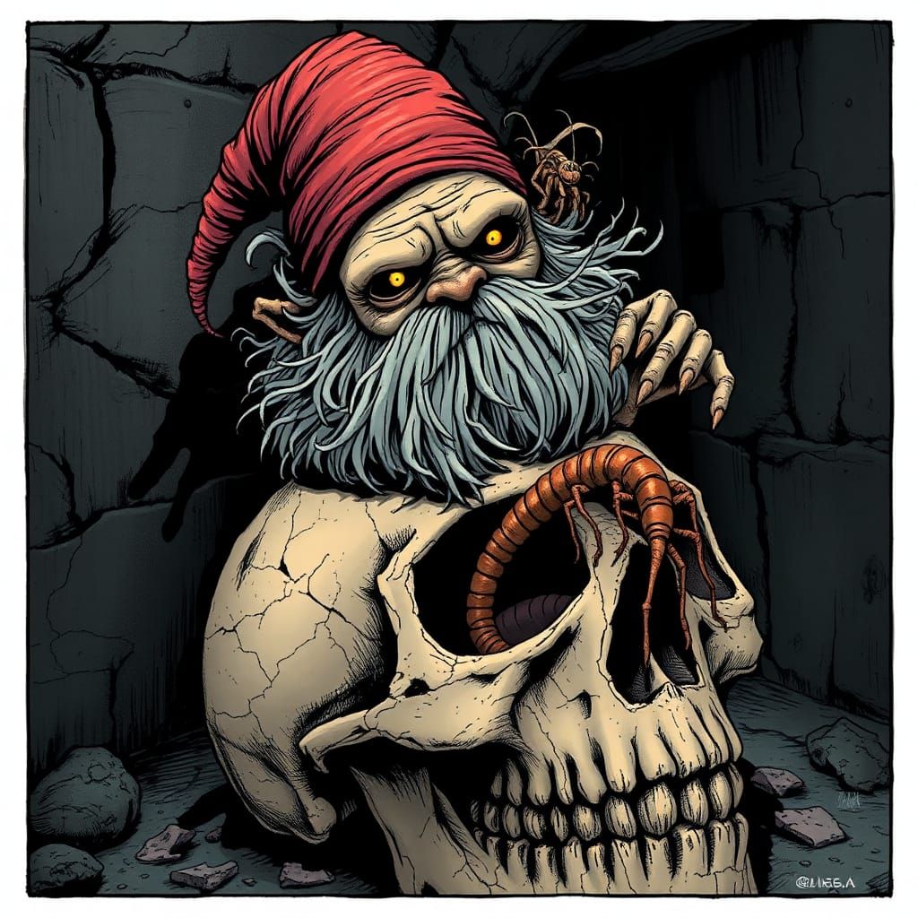 Grotesque Gnome on Skull in Dark Manga Style