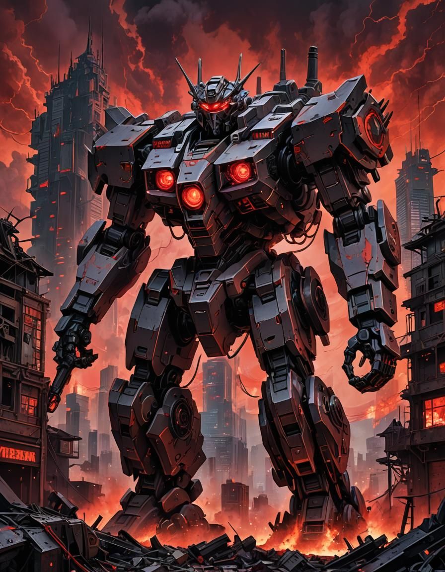 Menacing Mecha in Dystopian Anime Cityscape