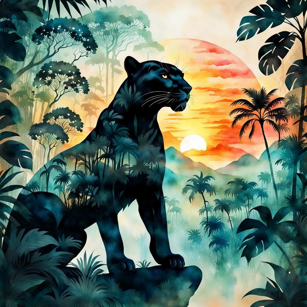 Panther Silhouette Double Exposure in Watercolor Style